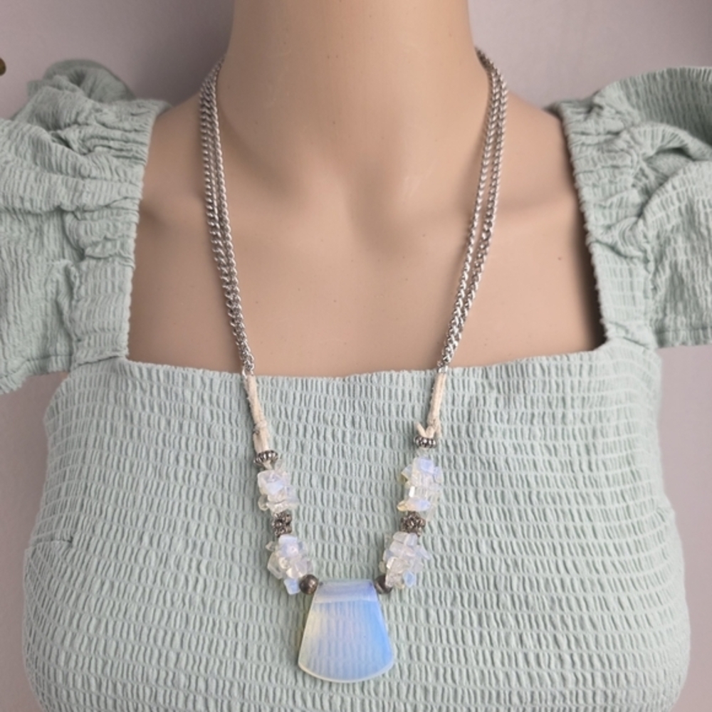 Boho Gemstone Pendant‎ Necklace Multi Strand Statement Silvertone Moonstone